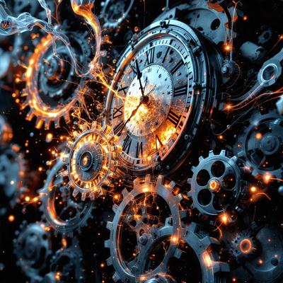 The primary subject of the image is a large clock with a glowing, neon-like appearance. The clock is surrounded by a variety of gears and clockwork components, creating a visually striking and unique scene. The setting appears to be a futuristic or industrial environment, with the clock as the central focus. The visual style of the image is a combination of digital art and illustration, with the clock and its components being rendered in a vibrant and eye-catching manner. The colors and mood of the image are predominantly blue and orange, with the blue hues giving a sense of calmness and the orange hues adding a touch of warmth and energy to the scene.